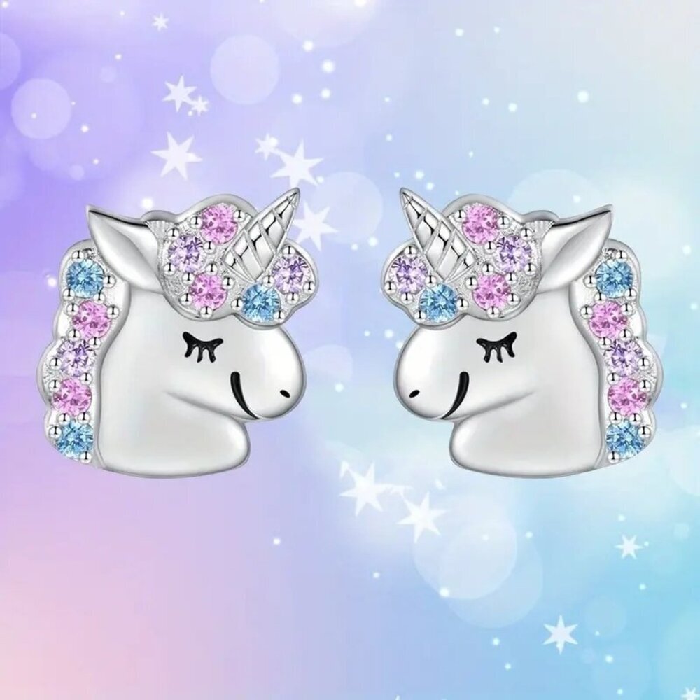 Unicorn Stud Earrings For Kids With Colorful Rhinestones & Silver Finish